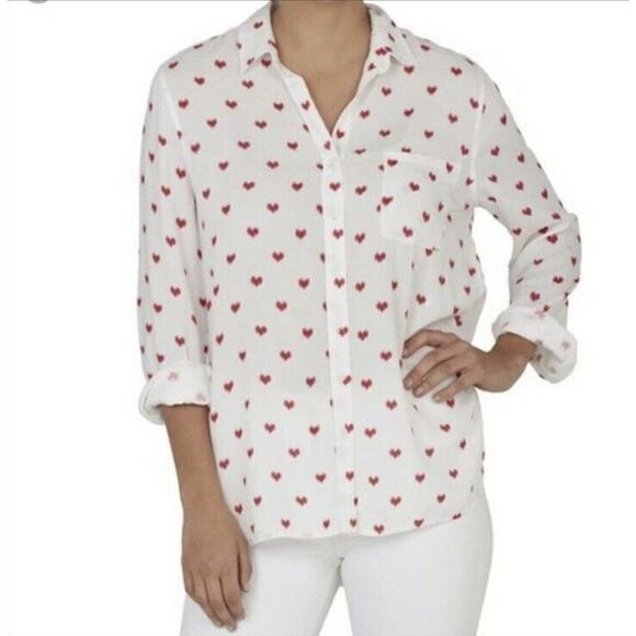 BeachLunchLounge Collection Women’s White Red Heart Button Down Blouse- No Size - Picture 1 of 11